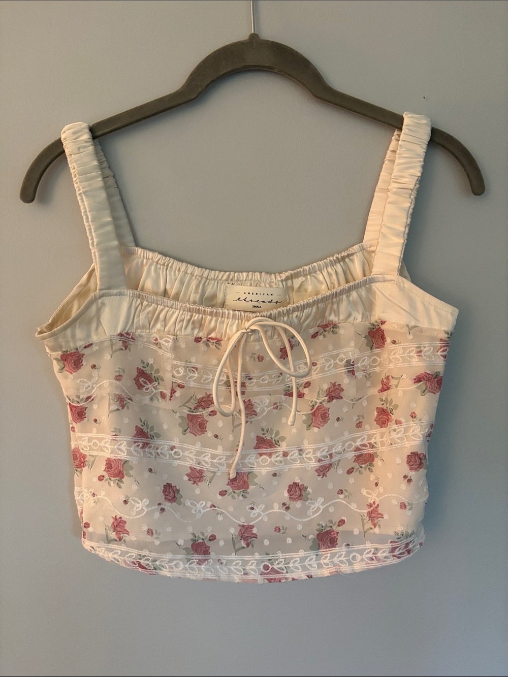 American Threads Cream Floral Lace-Trim Crop Top with Pink Rose Print